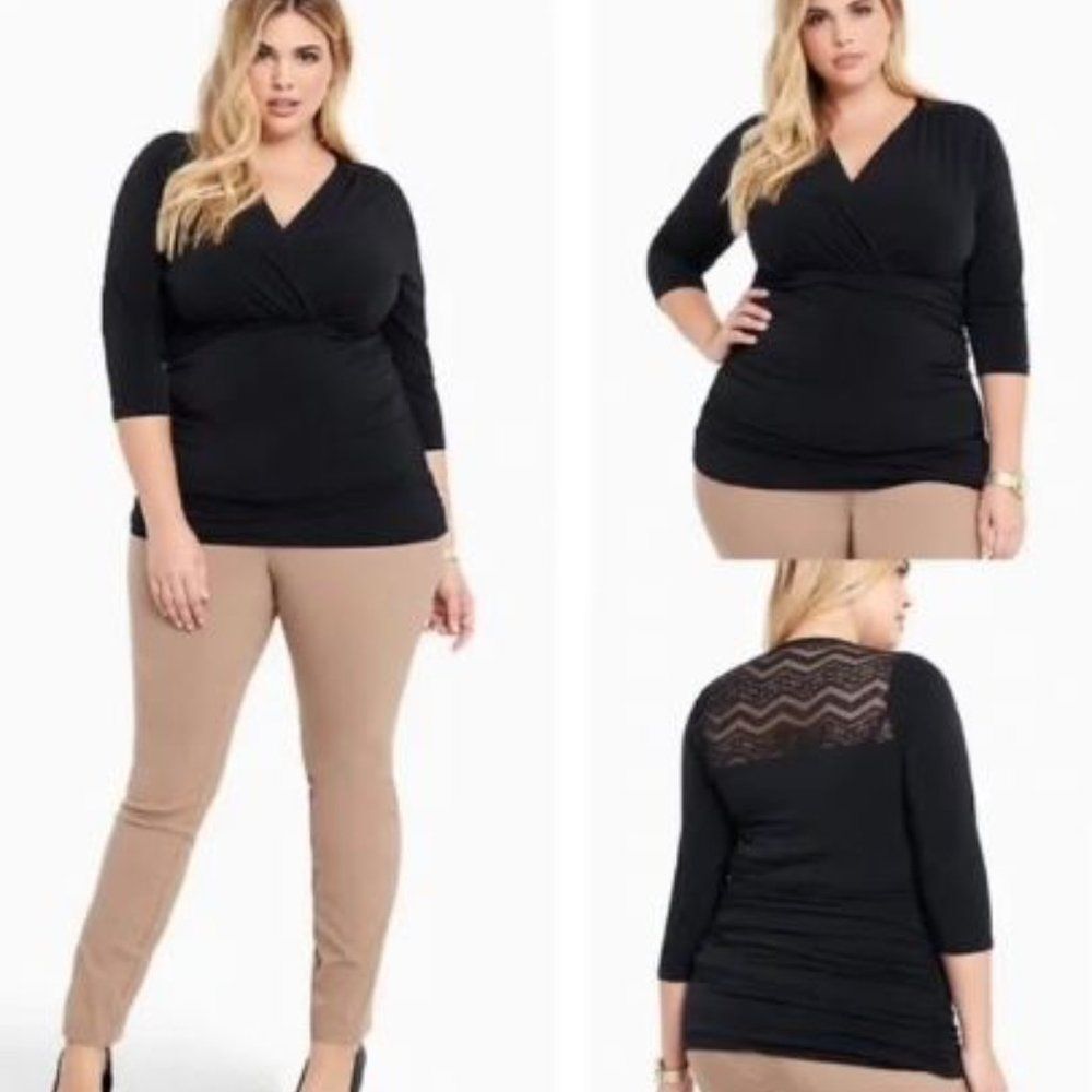 NEW Torrid Black Shirred Surplice Lace Inset 3/4 Sleeve Blouse Size 1X